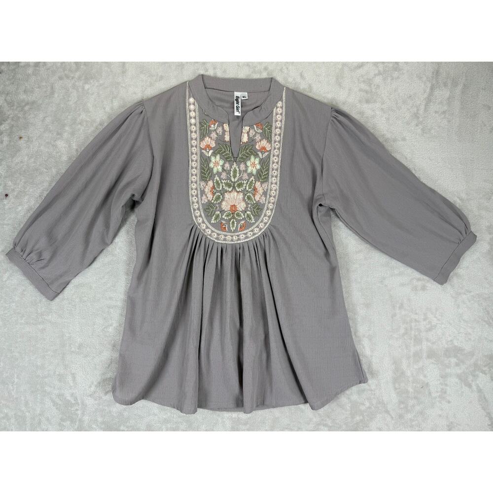 Boho Embroidered Floral Tunic Top XL Balloon Sleeve Cottagecore Prairie